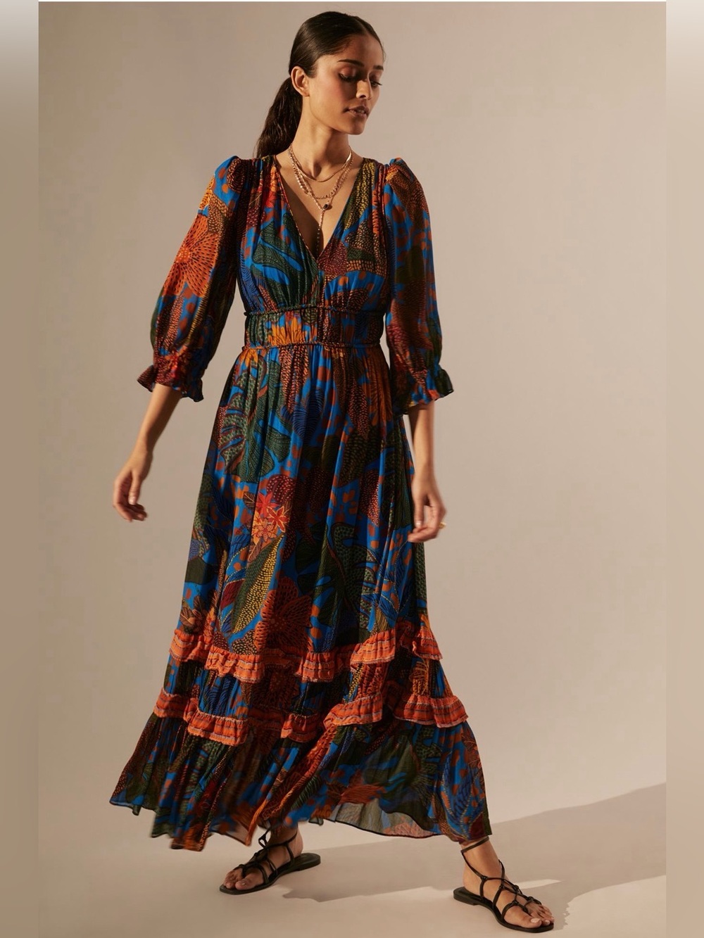 FARM Rio Puff Sleeve Maxi Dress Multicolor Size M 8/10